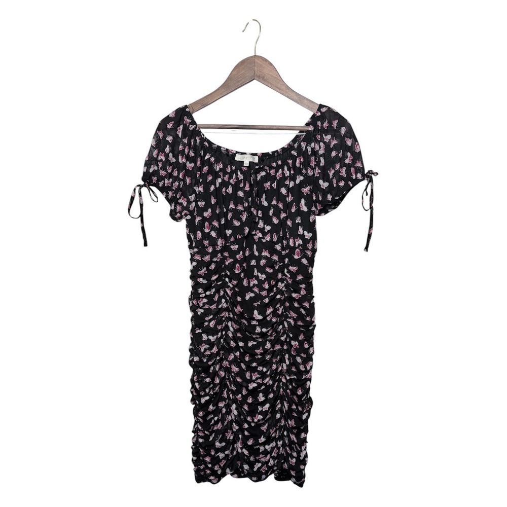 Ultra Flirt Butterfly Ruched Bodycon Dress Womens Large Black Pink Y2K